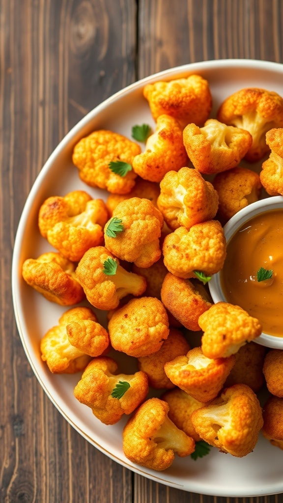 Crispy cauliflower tots served with dipping sauce on a rustic table.